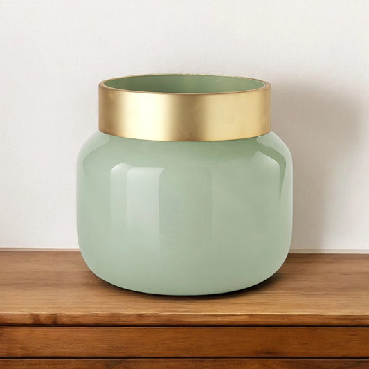 Vase de table cylindrique abstrait vert en verre cristal hms 10"