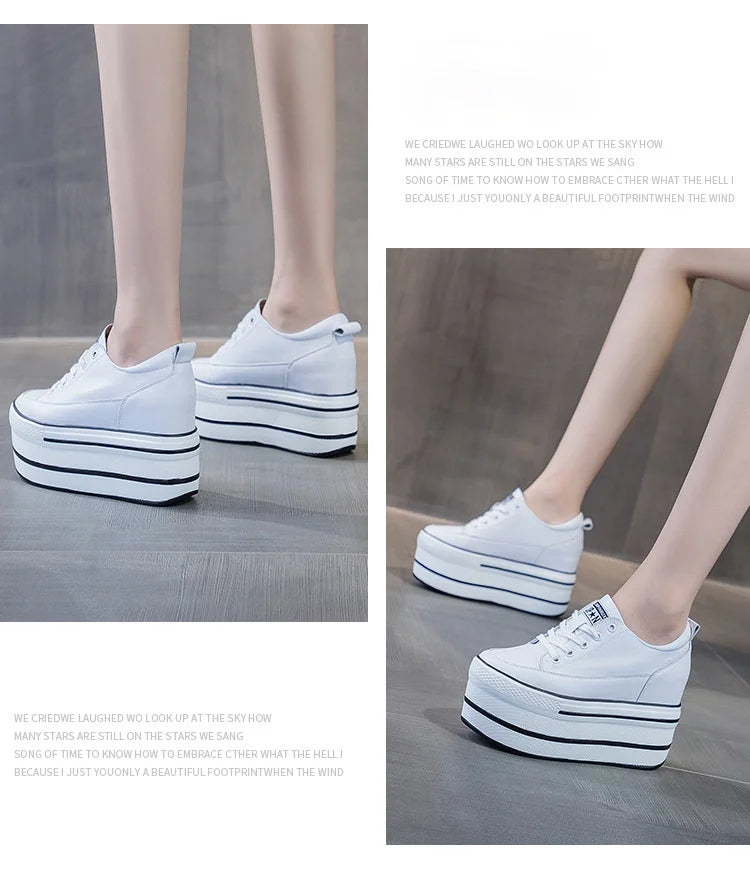 Fujin 10.5cm High Thick Heel Platform Flats Women Casual Shoes Genuine Leather Soft Quality Casual Shoe Sneakers White Black