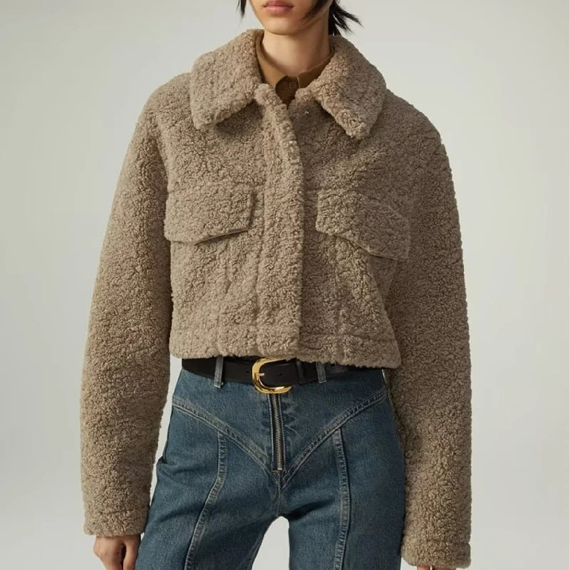 KAR&OT ZA 2024 Autumn and Winter New Fashion Snap Button Closure Flap Pockets Decorated Fleece Short Jacket 4341843