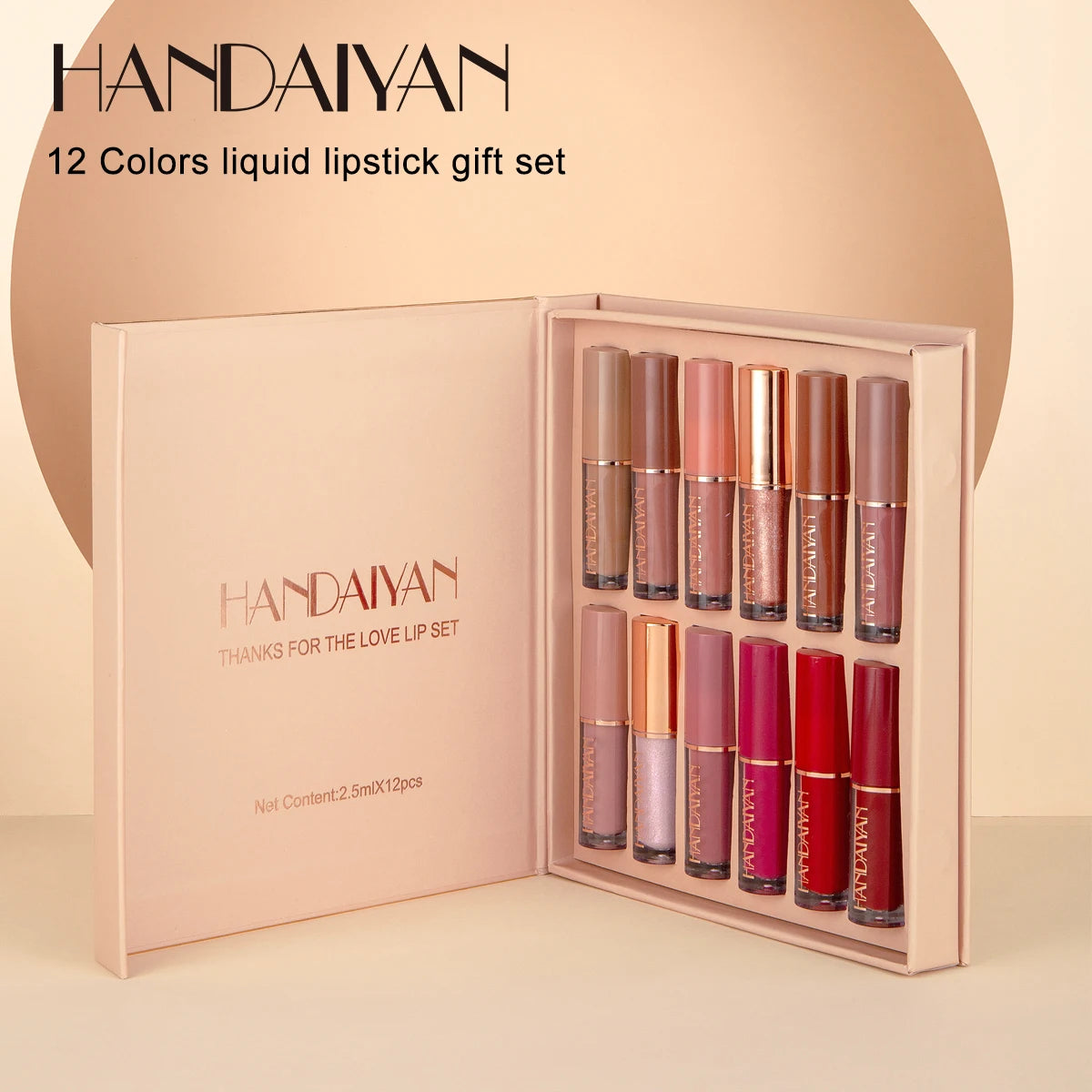 Coffret de 12 gloss à lèvres liquides mats, vegan et sans cruauté, de la marque Handaiyan Private Label, au fini velours.