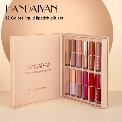 Coffret de 12 gloss à lèvres liquides mats, vegan et sans cruauté, de la marque Handaiyan Private Label, au fini velours.
