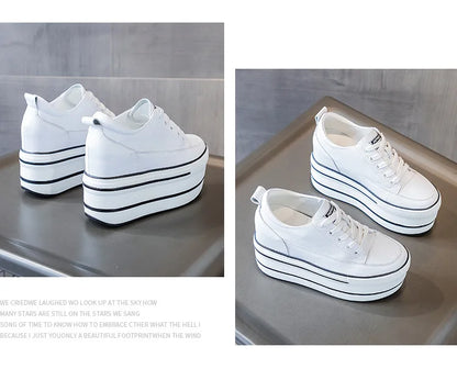 Fujin 10.5cm High Thick Heel Platform Flats Women Casual Shoes Genuine Leather Soft Quality Casual Shoe Sneakers White Black