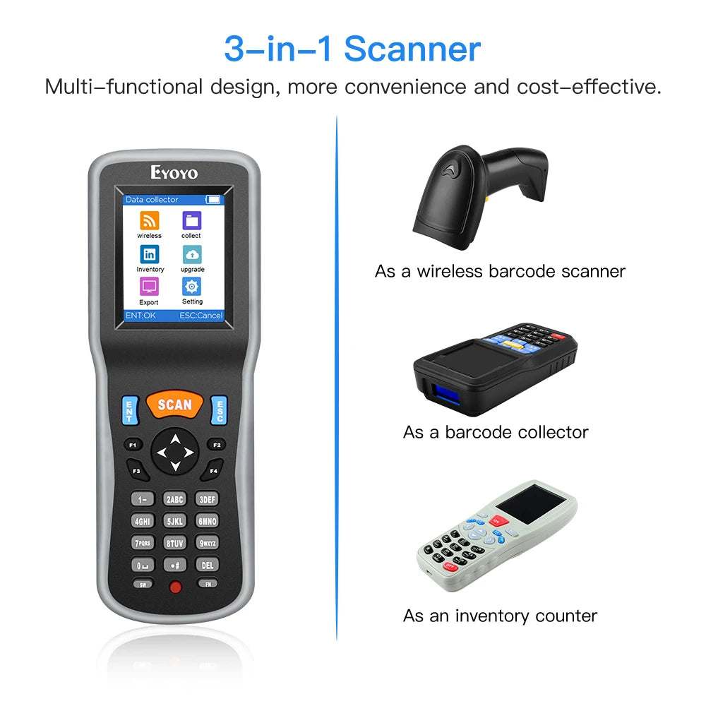 Scanner de codes-barres sans fil 1D Eyoyo, lecteur de données portable pour entrepôt, compteur d'inventaire.