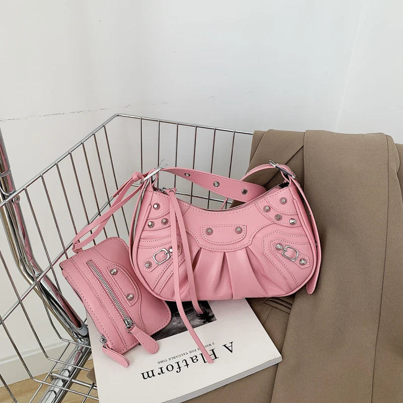 MOQ 1PC Wholesale Ladies Rivet Classic Motorcycle 2-in-1 Crescent Pleated One Shoulder Messenger Underarm Dumpling Bag