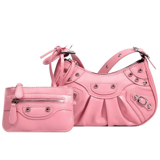 MOQ 1PC Wholesale Ladies Rivet Classic Motorcycle 2-in-1 Crescent Pleated One Shoulder Messenger Underarm Dumpling Bag