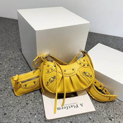 MOQ 1PC Wholesale Ladies Rivet Classic Motorcycle 2-in-1 Crescent Pleated One Shoulder Messenger Underarm Dumpling Bag