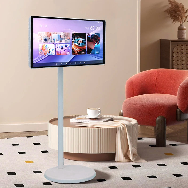 21.5 Inch White Indoor Android LED TV Smart Screen with Battery on Wheels Floor Standing Tablet Television