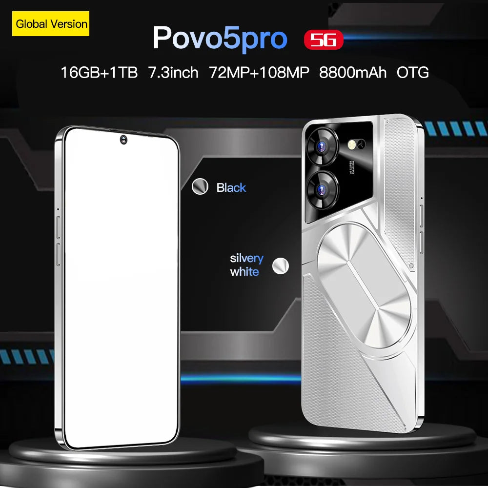 New Product 7.3 Inch 16GB+1TB 6800 MAh 5G Smartphone t Echno Phone Original Povo 5 Pro Mobile Phone Android 13.0 Telephone