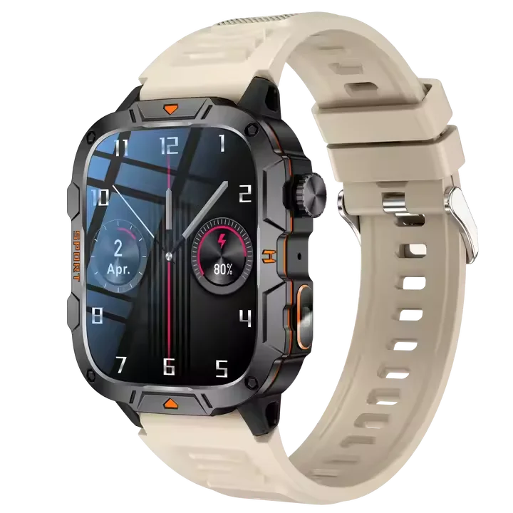 Nouvelle montre connectée de sport outdoor pour homme avec lampe torche, grand écran de 1,96 pouce, étanche IP68, compatible Android et iPhone.