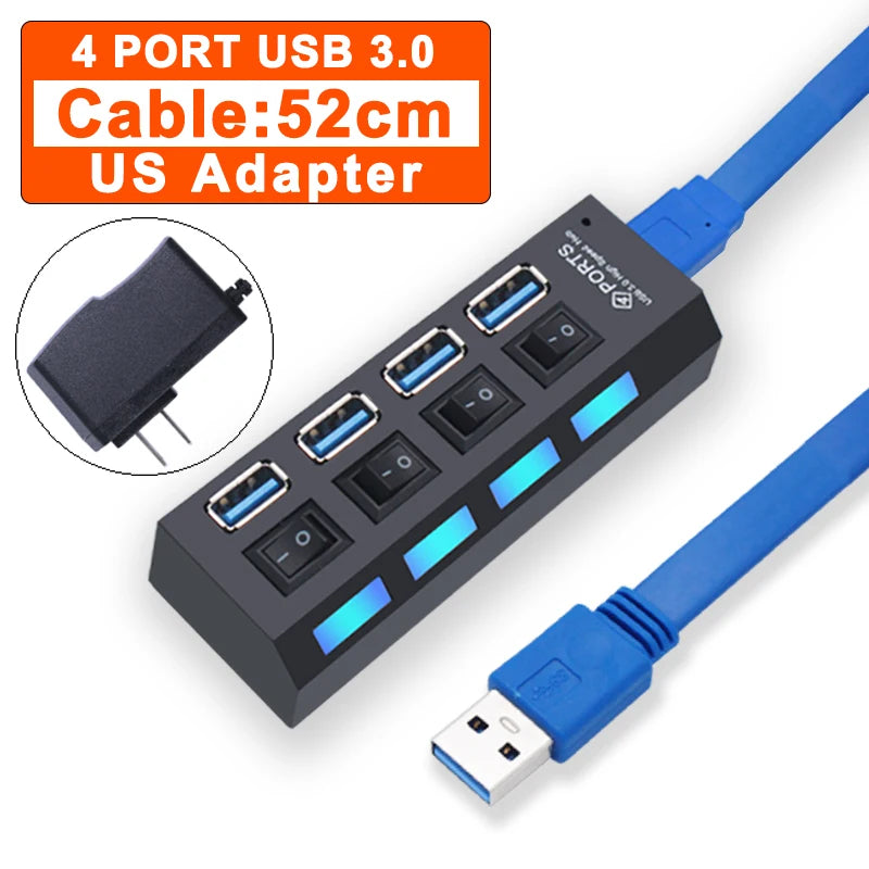 Hub USB 3.0, répartiteur USB 2.0, adaptateur secteur, multi-ports USB 4/7 avec commutateur, accessoires pour PC