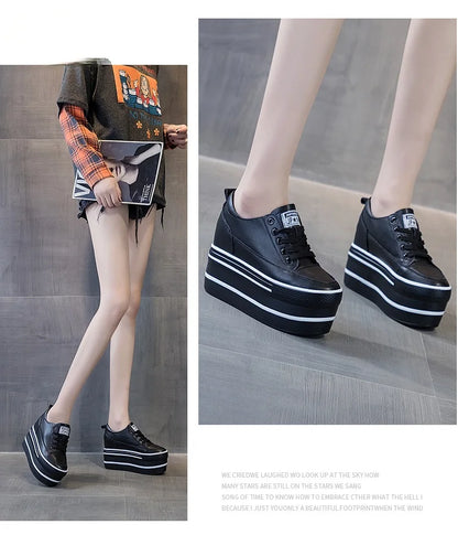 Fujin 10.5cm High Thick Heel Platform Flats Women Casual Shoes Genuine Leather Soft Quality Casual Shoe Sneakers White Black