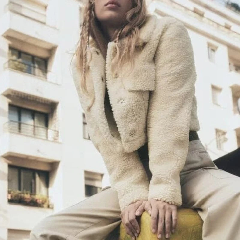 KAR&OT ZA 2024 Autumn and Winter New Fashion Snap Button Closure Flap Pockets Decorated Fleece Short Jacket 4341843