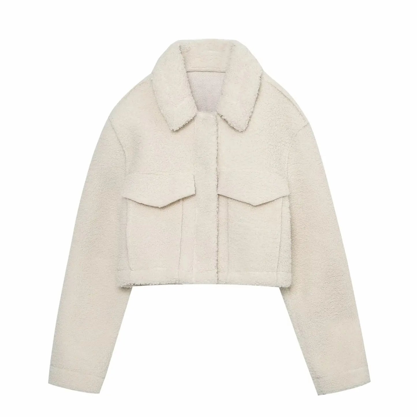 KAR&OT ZA 2024 Autumn and Winter New Fashion Snap Button Closure Flap Pockets Decorated Fleece Short Jacket 4341843