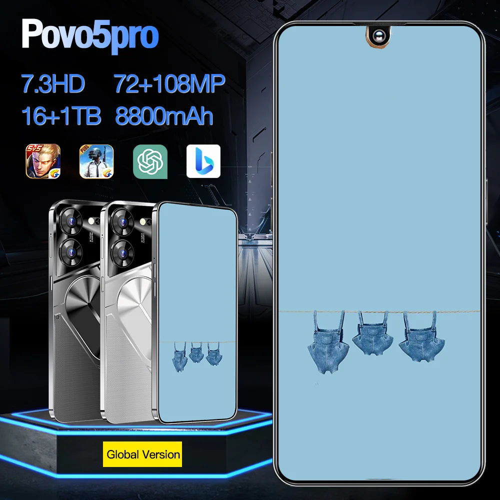 New Product 7.3 Inch 16GB+1TB 6800 MAh 5G Smartphone t Echno Phone Original Povo 5 Pro Mobile Phone Android 13.0 Telephone