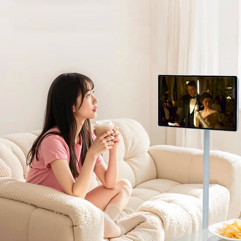 21.5 Inch White Indoor Android LED TV Smart Screen with Battery on Wheels Floor Standing Tablet Television