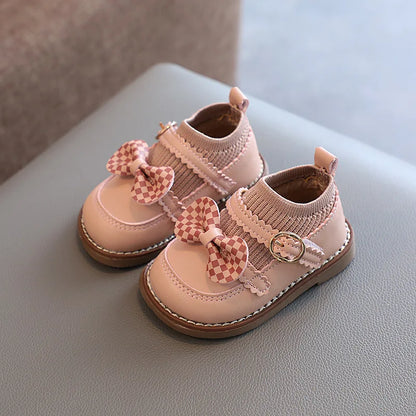 New Cute Girl Lattice Bowknot Baby Princess Shoes Casual Anti slip Outdoor Preschool Children's Soft Sole First Walking Shoe