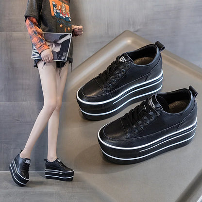 Fujin 10.5cm High Thick Heel Platform Flats Women Casual Shoes Genuine Leather Soft Quality Casual Shoe Sneakers White Black