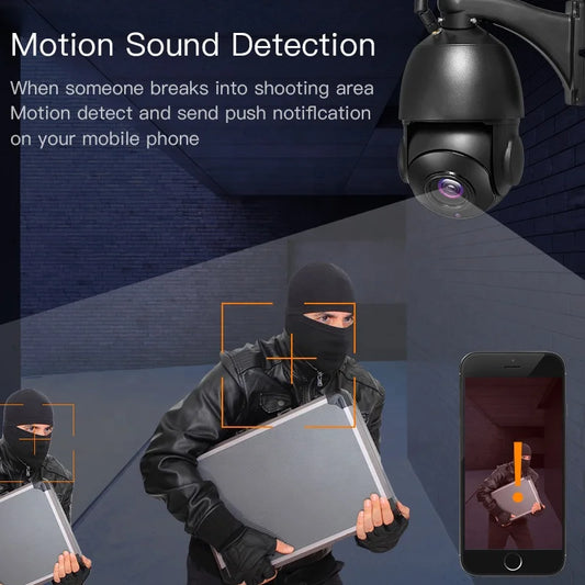 Caméra dôme motorisée PTZ WiFi 5 MP, vision nocturne et stockage cloud, sans fil IP66, suivi automatique jusqu'à 80 m, zoom 30x et haute résolution (5 MP).