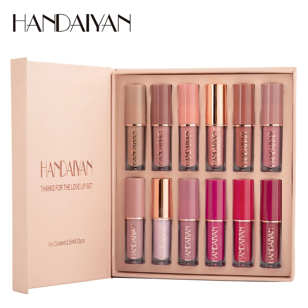 Coffret de 12 gloss à lèvres liquides mats, vegan et sans cruauté, de la marque Handaiyan Private Label, au fini velours.