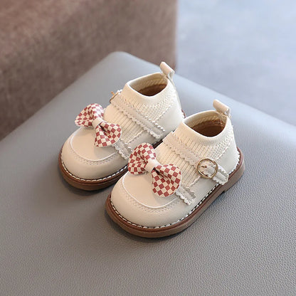 New Cute Girl Lattice Bowknot Baby Princess Shoes Casual Anti slip Outdoor Preschool Children's Soft Sole First Walking Shoe