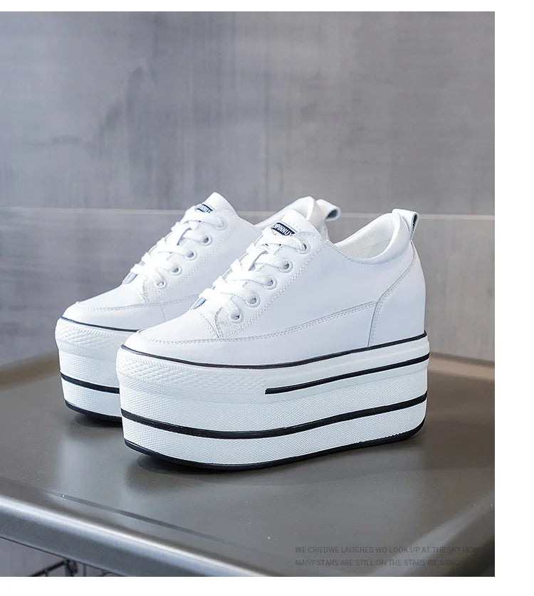 Fujin 10.5cm High Thick Heel Platform Flats Women Casual Shoes Genuine Leather Soft Quality Casual Shoe Sneakers White Black