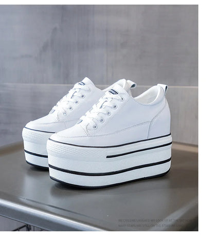 Fujin 10.5cm High Thick Heel Platform Flats Women Casual Shoes Genuine Leather Soft Quality Casual Shoe Sneakers White Black