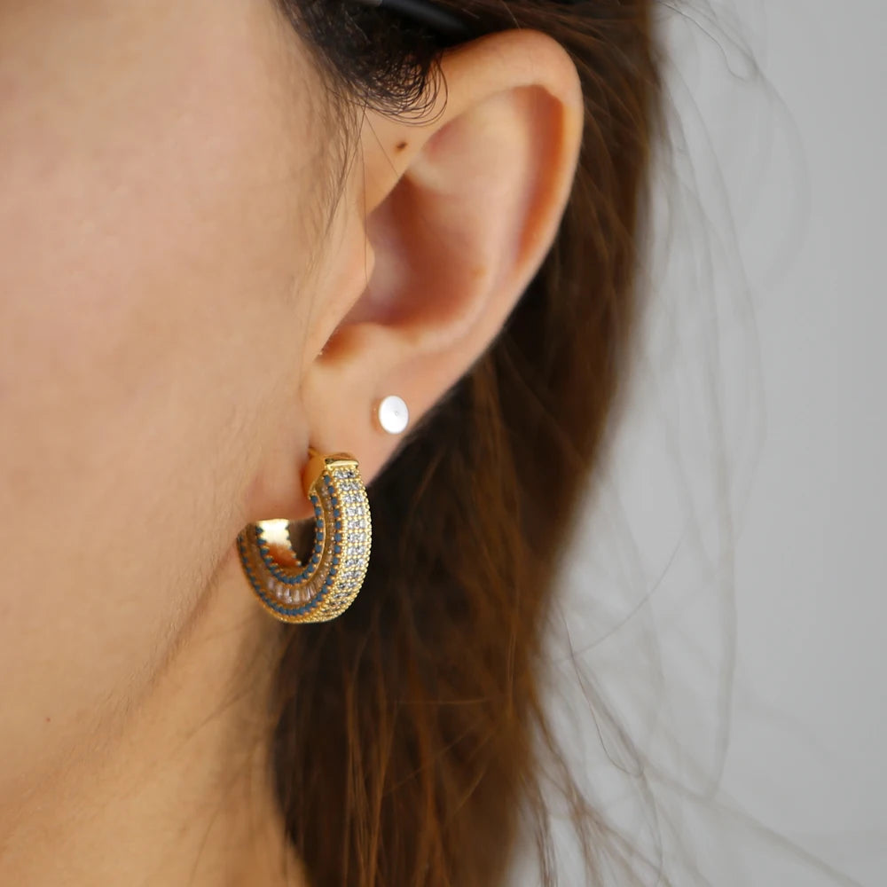 Promotion Rectangle Cubic Zirconia Turquoise Stone Luxury European Women Geometric Cz Hoop Earring