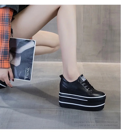 Fujin 10.5cm High Thick Heel Platform Flats Women Casual Shoes Genuine Leather Soft Quality Casual Shoe Sneakers White Black
