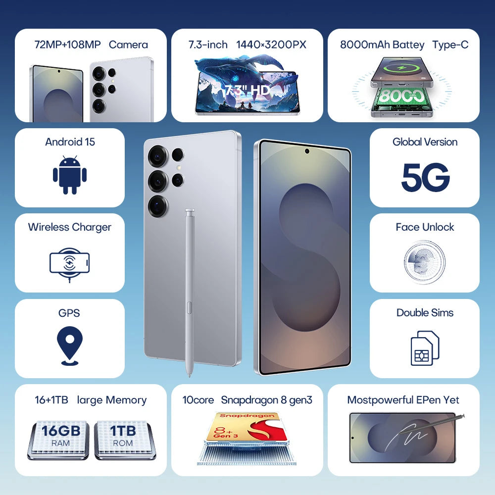 New Androsd S25Ultra Full-screen Smartphone 5g 7.3-snch 48MP+108MP Dual Card Face Recognstson 16GB+1TB Gamsng Telephone