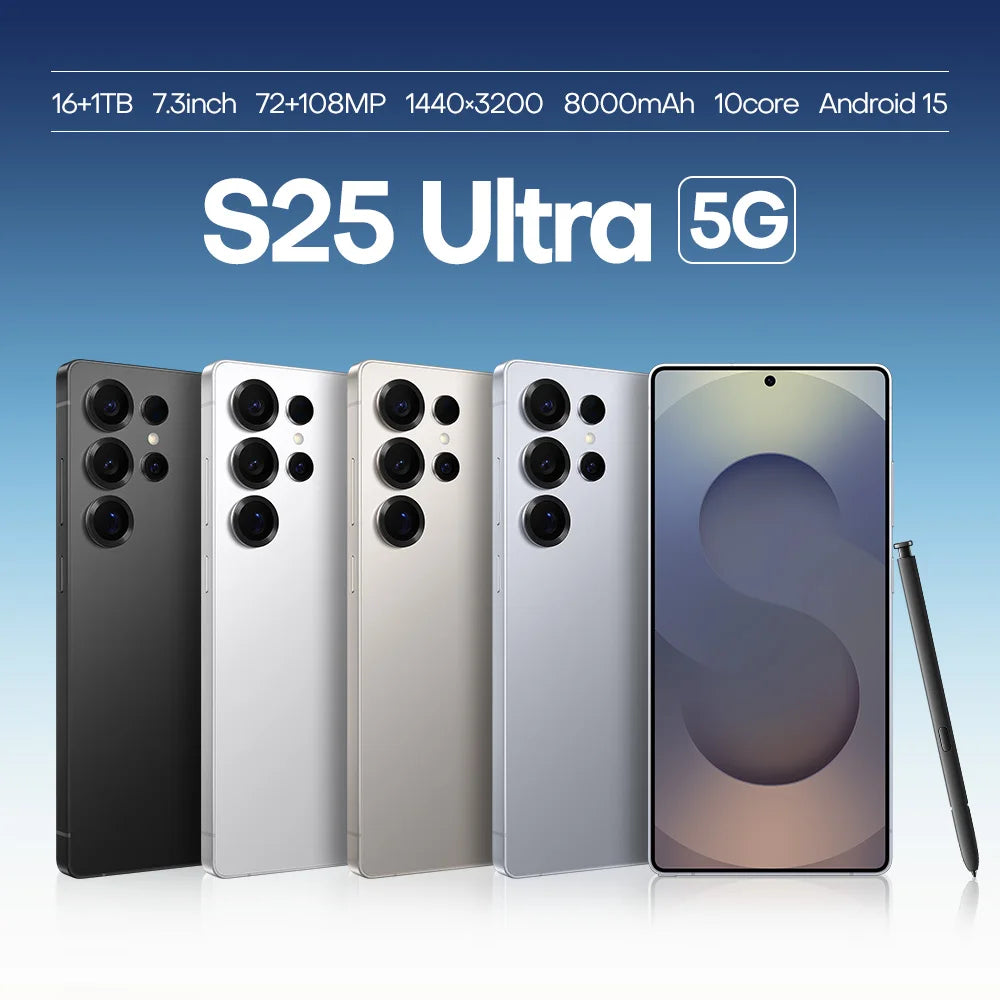 New Androsd S25Ultra Full-screen Smartphone 5g 7.3-snch 48MP+108MP Dual Card Face Recognstson 16GB+1TB Gamsng Telephone