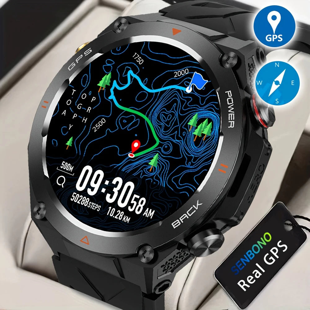 Montre connectée SENBONO GPS pour homme, écran HD 1,45'', GPS intégré, altimètre, baromètre, boussole, commande vocale IA, compatible Android et iPhone
