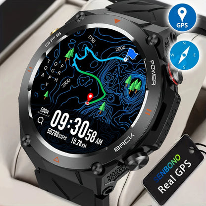 Montre connectée SENBONO GPS pour homme, écran HD 1,45'', GPS intégré, altimètre, baromètre, boussole, commande vocale IA, compatible Android et iPhone