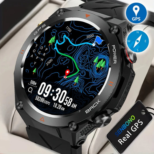 Montre connectée SENBONO GPS pour homme, écran HD 1,45'', GPS intégré, altimètre, baromètre, boussole, commande vocale IA, compatible Android et iPhone