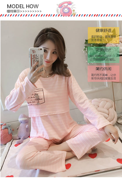 Women Nursing Pyjamas Homewear Spring Autumn Maternity Pajamas Set Cute Breastfeeding Clothes Long-sleeved Pregnancy Sleepwear