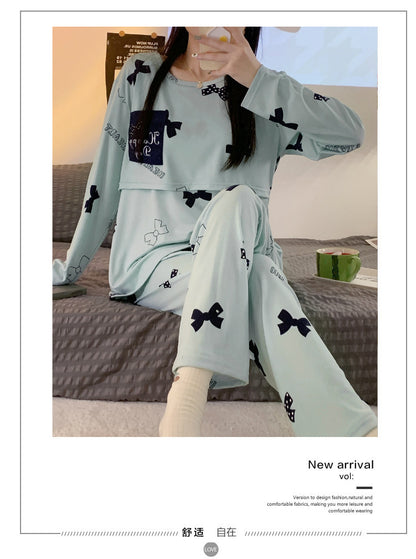 Women Nursing Pyjamas Homewear Spring Autumn Maternity Pajamas Set Cute Breastfeeding Clothes Long-sleeved Pregnancy Sleepwear