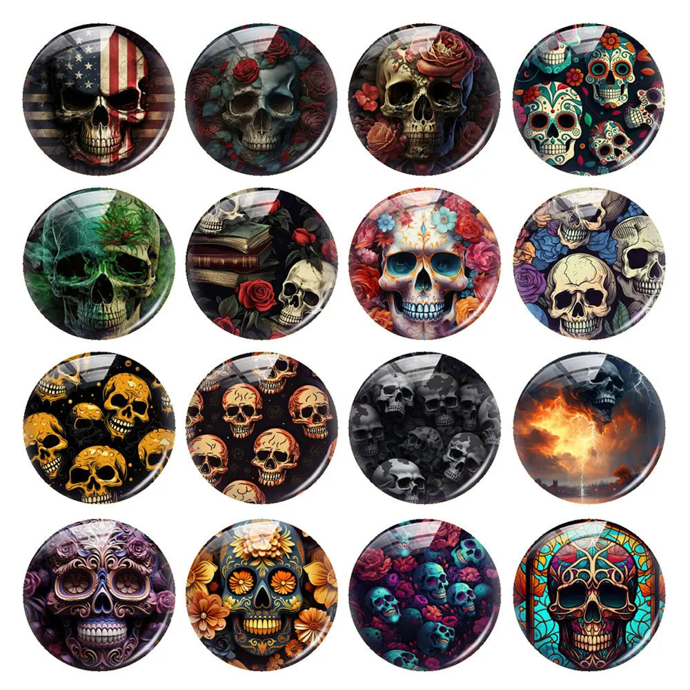 Breloques cabochons en verre à dos plat, style gothique sombre, tête de mort et fleur, pour la création de bijoux DIY. Démonstration de camée à dos plat pour la fabrication de bijoux DIY.