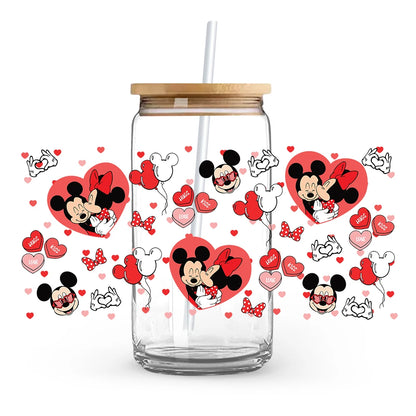 Valentine's Day cartoon Mickey Minnie Stitch Love 16oz Glass Cup UV DTF Transfer Film High-Quality Wraps Transfer Decals