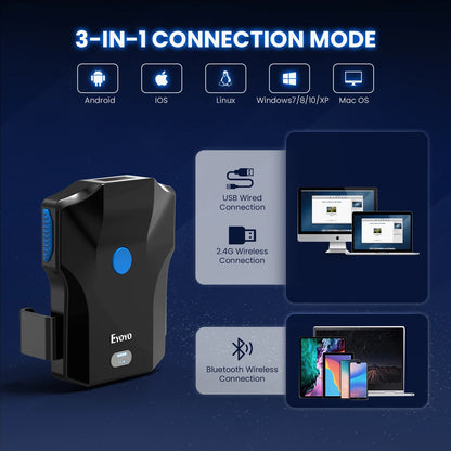 Lecteur de codes-barres Bluetooth Eyoyo EY-032 à clip arrière, lecteur de codes-barres 1D et 2D avec numérisation d'images pour bibliothèques, entrepôts et gestion des stocks UPC