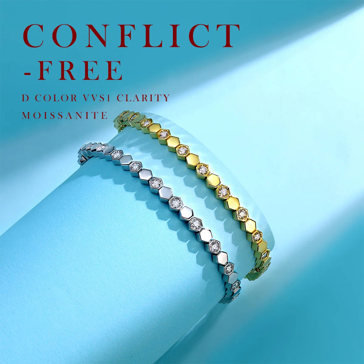 Bracelet tennis hexagonal en argent sterling 925 plaqué or 14 carats et moissanite, pour femme. Bijou géométrique scintillant aux couleurs chatoyantes. Idée cadeau.