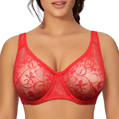Bras For Women Plus Size Lace Mesh BH Tops Underwire Embroidery See Through Sexy Underwear Lingerie Brassiere A B C D DD Cup