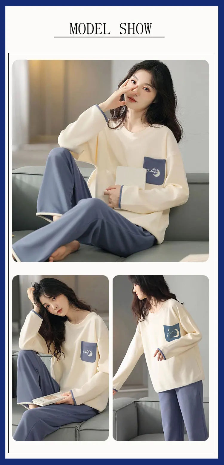 Long-Sleeved Pyjamas Women's Autumn and Winter Cotton Round Neck Fashion Soft Casual Breathable Cute Cartoon Loungewear Outside