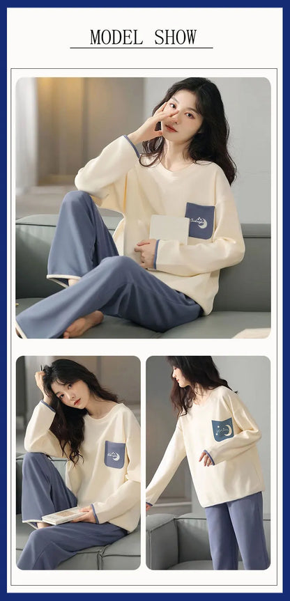 Long-Sleeved Pyjamas Women's Autumn and Winter Cotton Round Neck Fashion Soft Casual Breathable Cute Cartoon Loungewear Outside