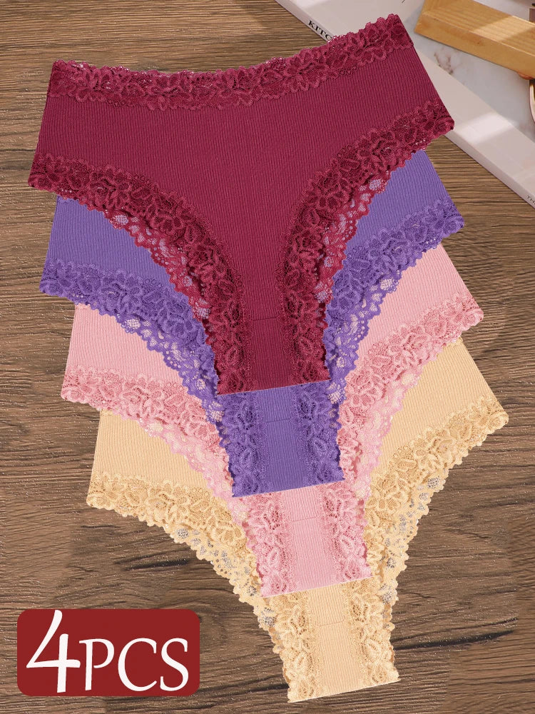 4Pcs/Set Seamless Cotton Brazilian Pants For Women Elastic High Waist Breathable Underpants Ladies Lace Panties Sexy Lingerie