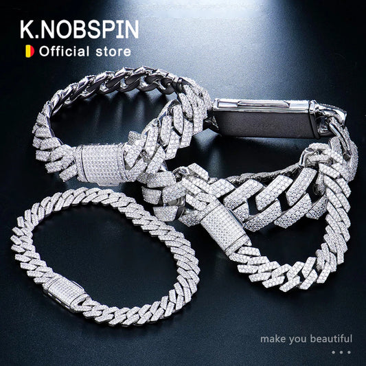 KNOBSPIN GRA Certified D VVS1 Moissanite Cuban Bracelet 8mm/10mm/12mm/14mm s925 Sterling Sliver Cuban Bracelets for Women Man