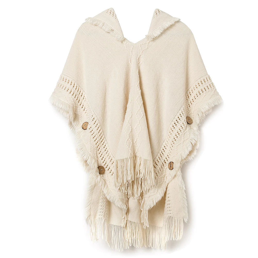 Women Knitted Cape Shawl Wrap Cloak Ethnic Hooded Poncho Hoody Jumper Sweater Tassels Dropshipping