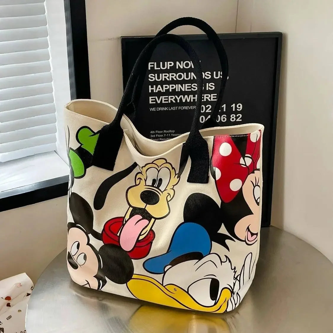 Cartoon Mickey Tote Bag Canvas Bag with Goofy Pattern Shoulder Bag Fashion Travel Large Capacity Canvas Bag Women Shopping Use