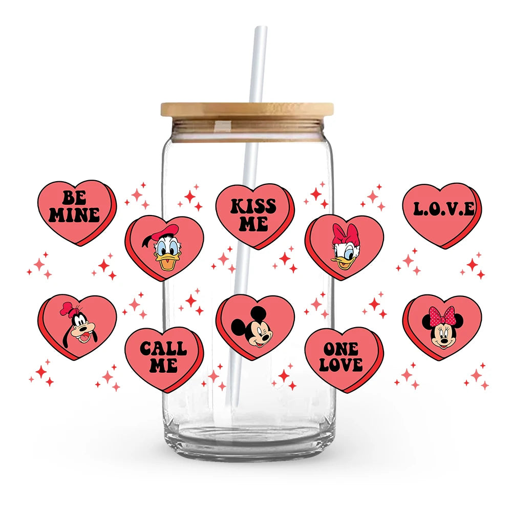 Valentine's Day cartoon Mickey Minnie Stitch Love 16oz Glass Cup UV DTF Transfer Film High-Quality Wraps Transfer Decals