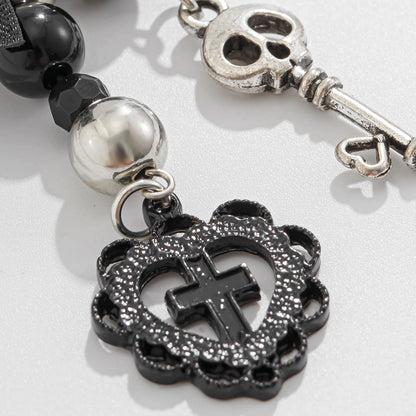 Salircon Gothic Cross Love Heart Skull Key Pendant Keychain for Women Trend Black Bowknot Key Ring Female Halloween Y2K Jewelry