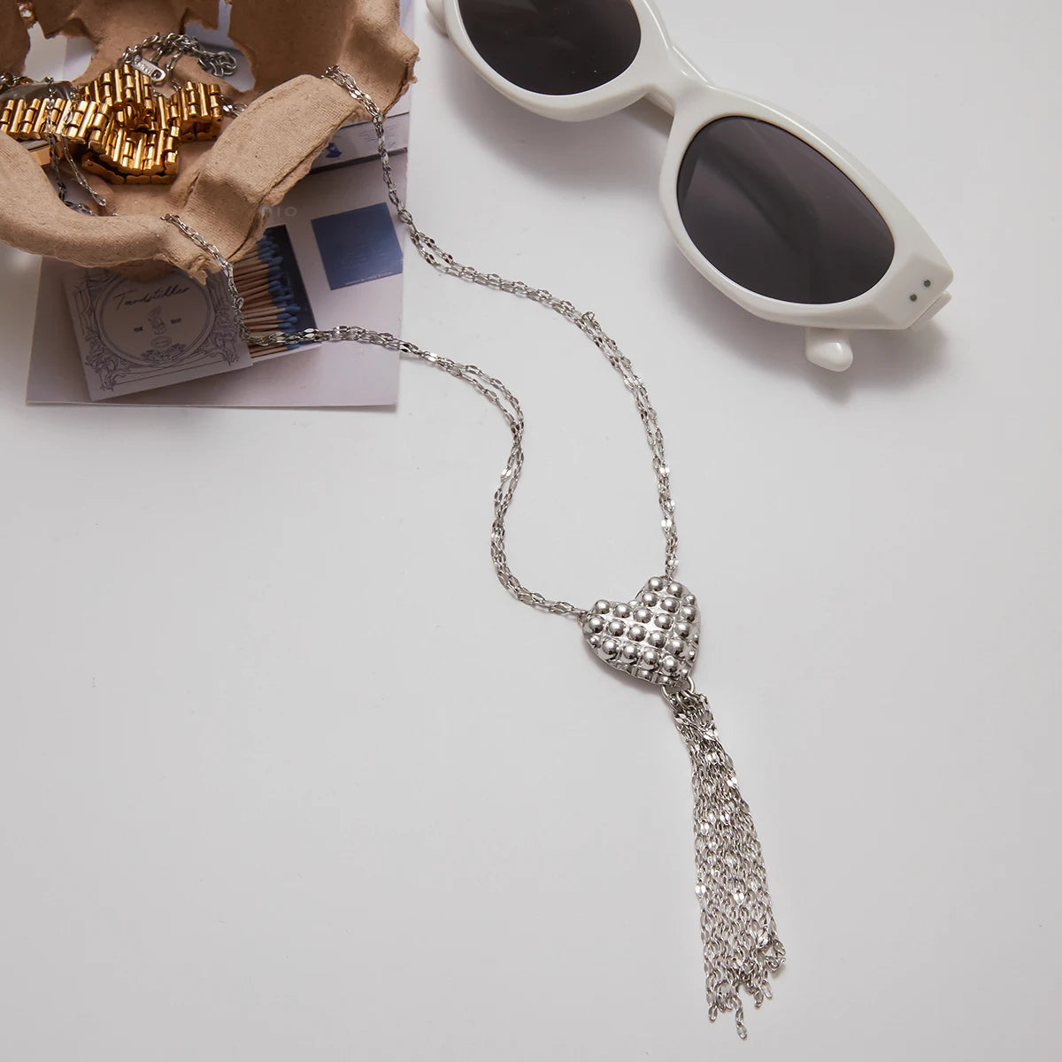 Zora Minimalist Style Silver-Plate Stainless Steel Heart Pendant Splicing Tassels Necklace Waterproof Women's Unique Jewelry