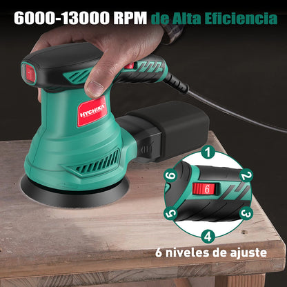 HYCHIKA 300W Random Orbital Sander with 12 Pieces Sandpaper 6 Speeds 230V Sanding Machine for Wood Metal Polishing Tools